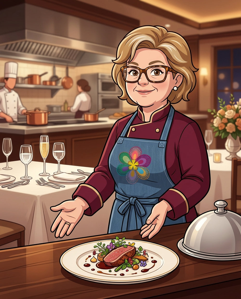 Sarita Garófalo presenta un plato de alta gastronomía emplatado con elegancia en un comedor fino, con copas y campana de servicio.