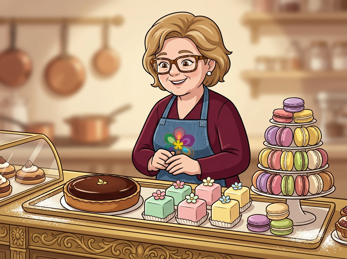Sarita Garófalo junto a una vitrina de alta repostería con torta de chocolate, petits fours y una torre de macarons.