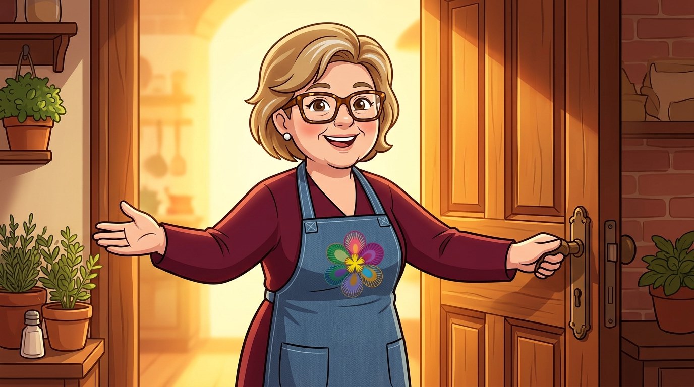 Sarita Garófalo abre la puerta de la escuela con los brazos en señal de bienvenida, bajo una luz dorada.