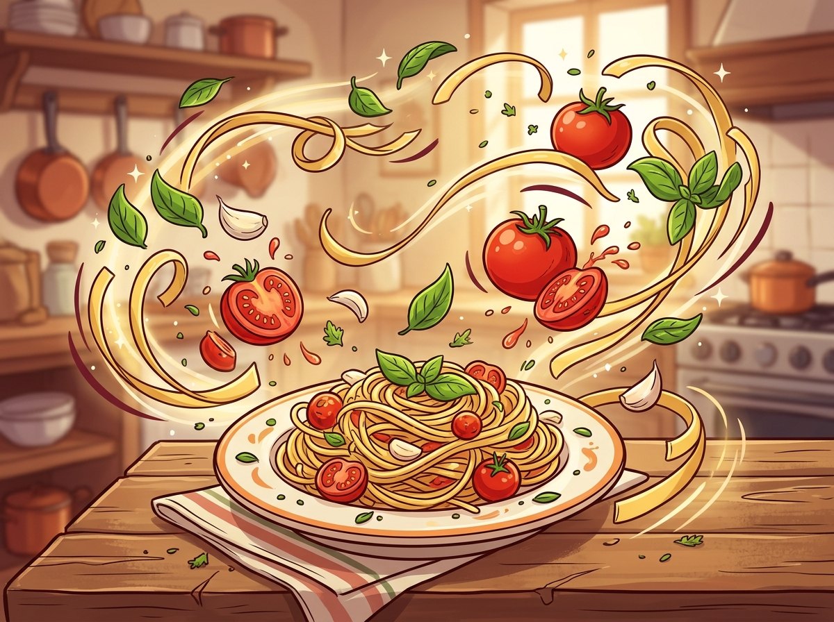 Plato de pasta con tomates y albahaca, con ingredientes en movimiento en una cocina acogedora.