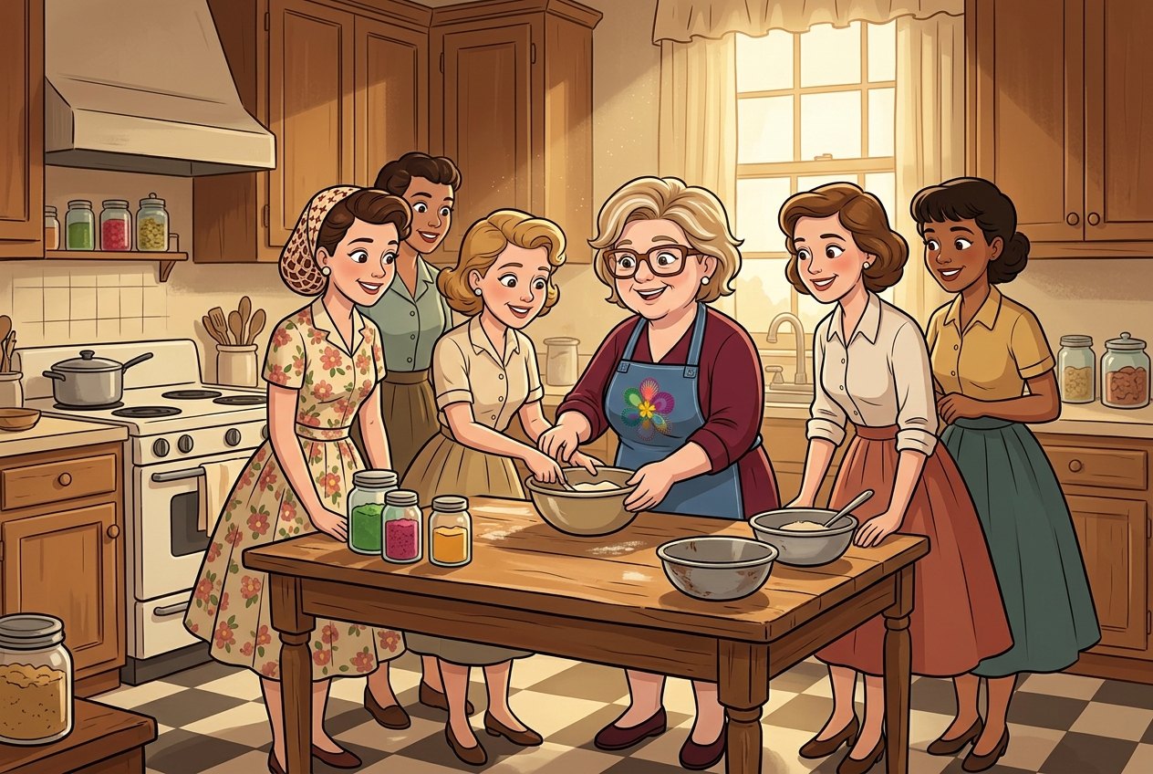 Escena de los años 50: la fundadora enseña a cocinar a las vecinas de su barrio en una cocina vintage.
