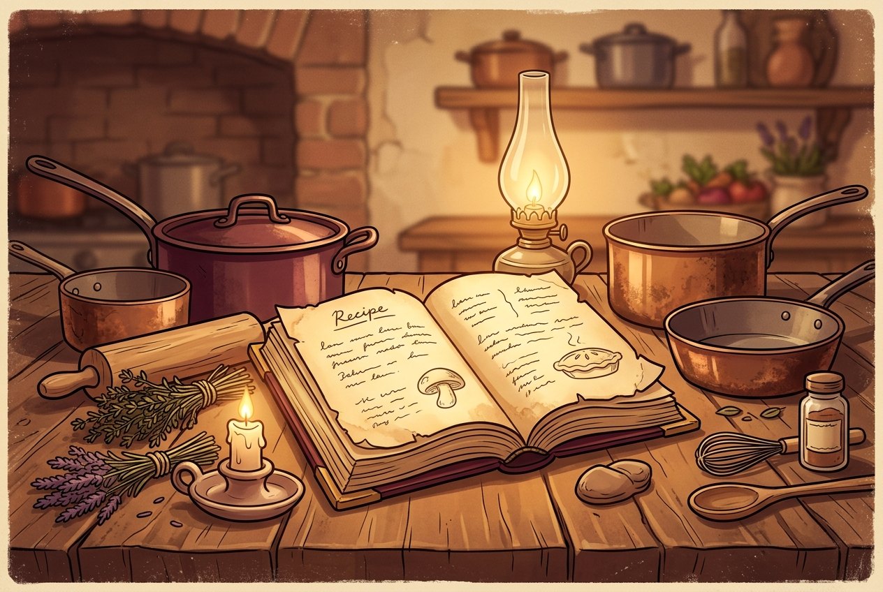Antiguo libro de recetas iluminado sobre una mesa rústica, junto a ollas de cobre y una lámpara de aceite.