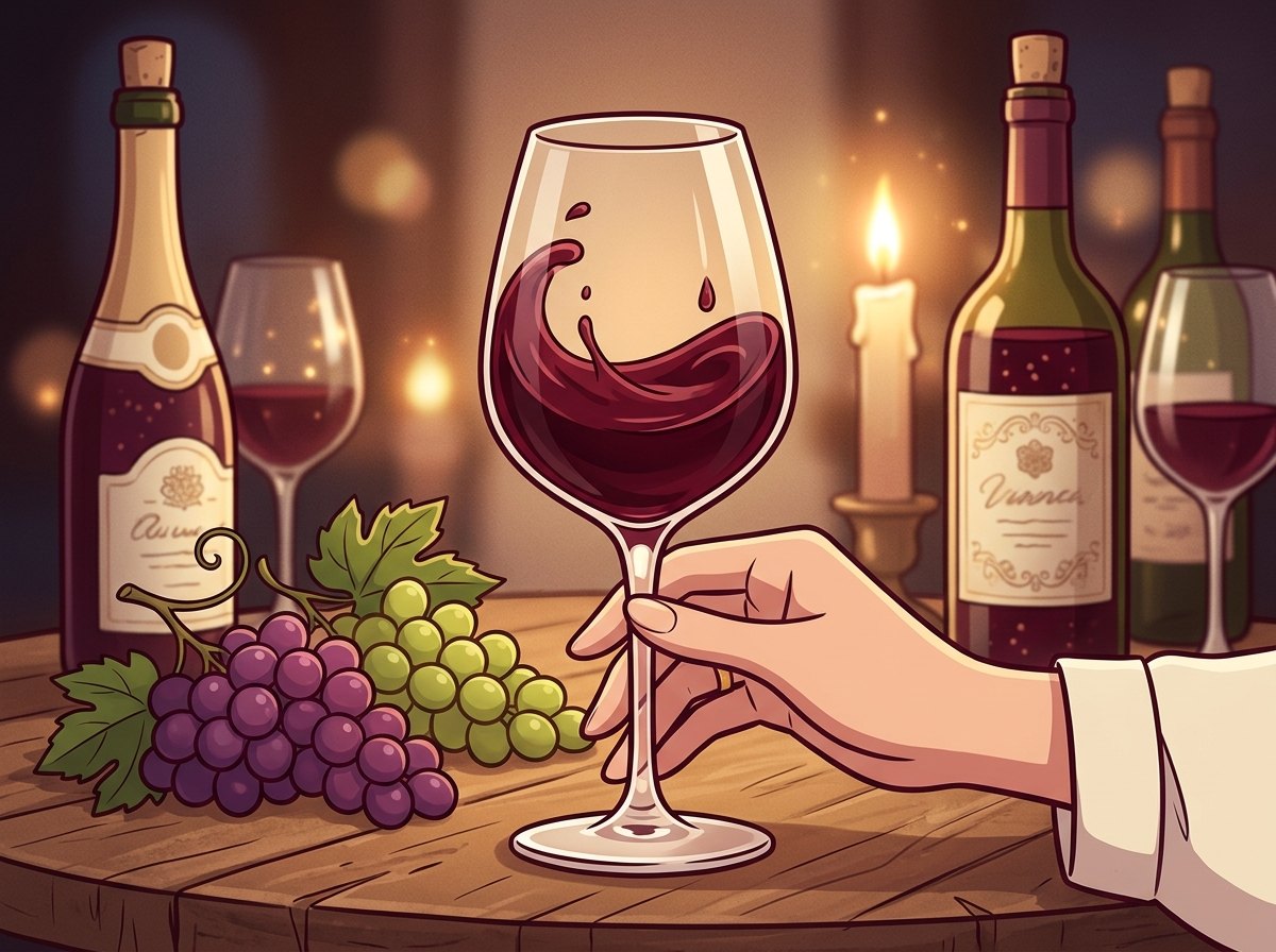 Mano haciendo girar una copa de vino tinto, con botellas y uvas a la luz de las velas.